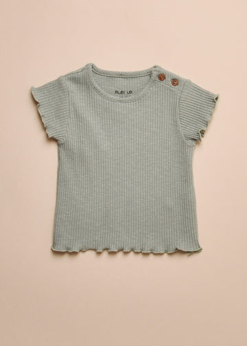 RIB LETTUCE TRIM TEE - SAGE