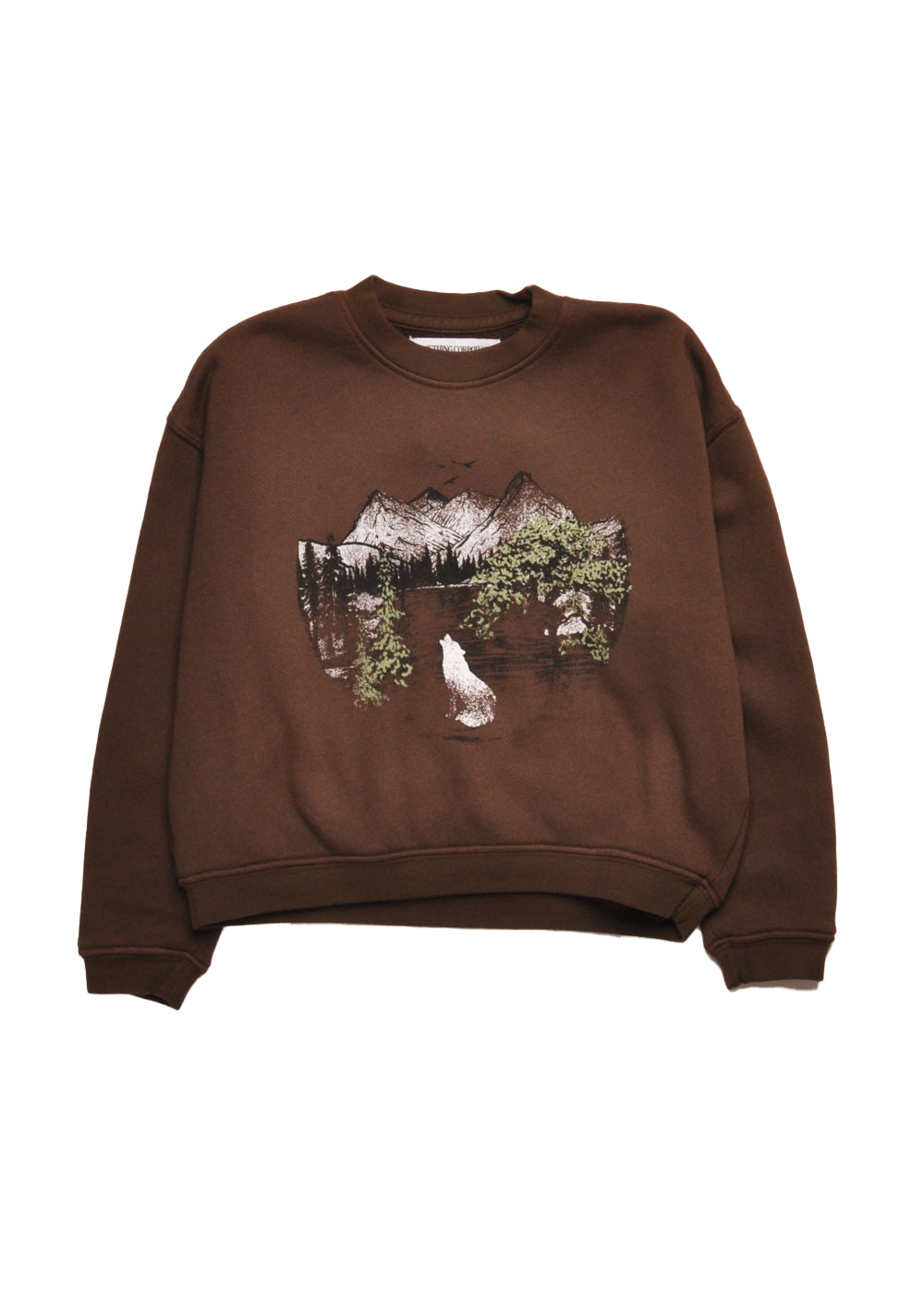 Brown sweatshirt with a graphic of a wolf and mountains on a white background