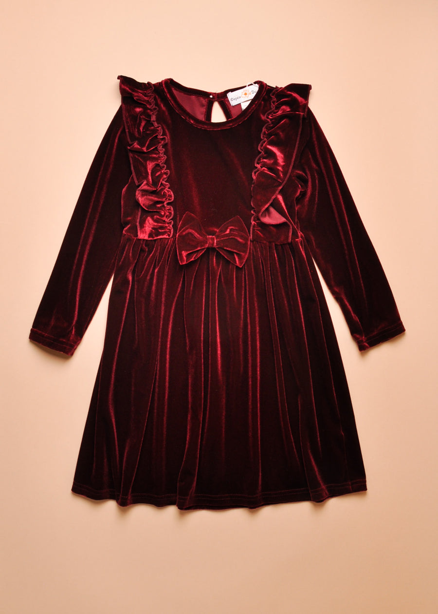 VELVET BOW DRESS - WINE