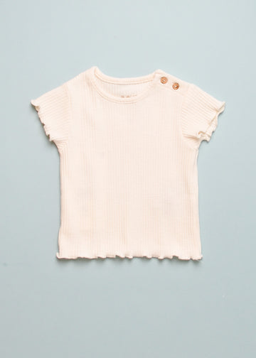 RIB LETTUCE TRIM TEE - ECRU