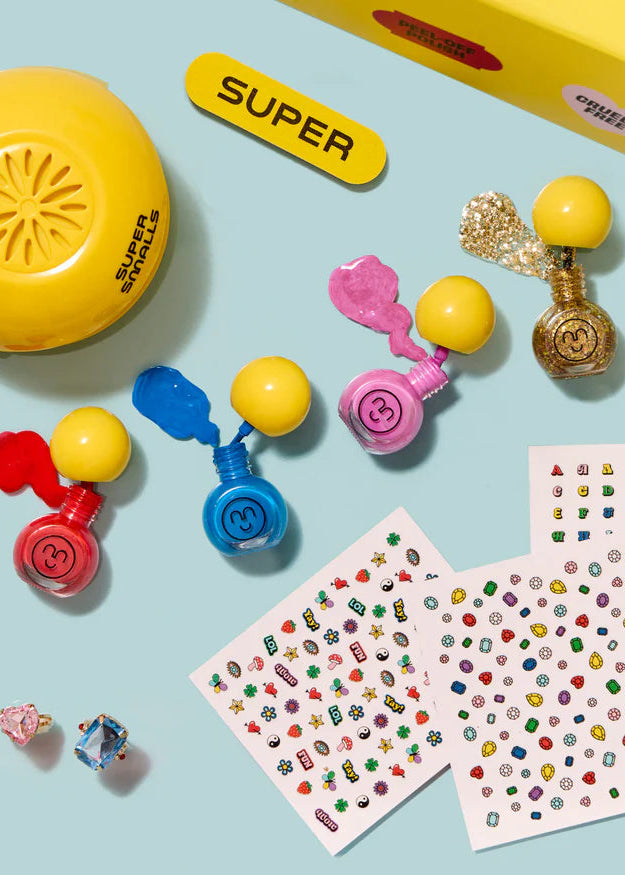 Colorful stampers and sticker sheets on a light blue background with 'Super' text.