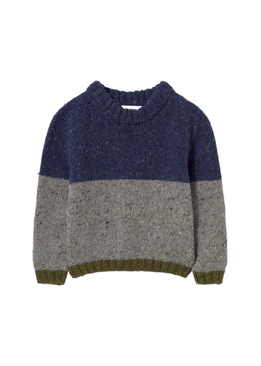 Two-tone gray and blue sweater on a light purple background