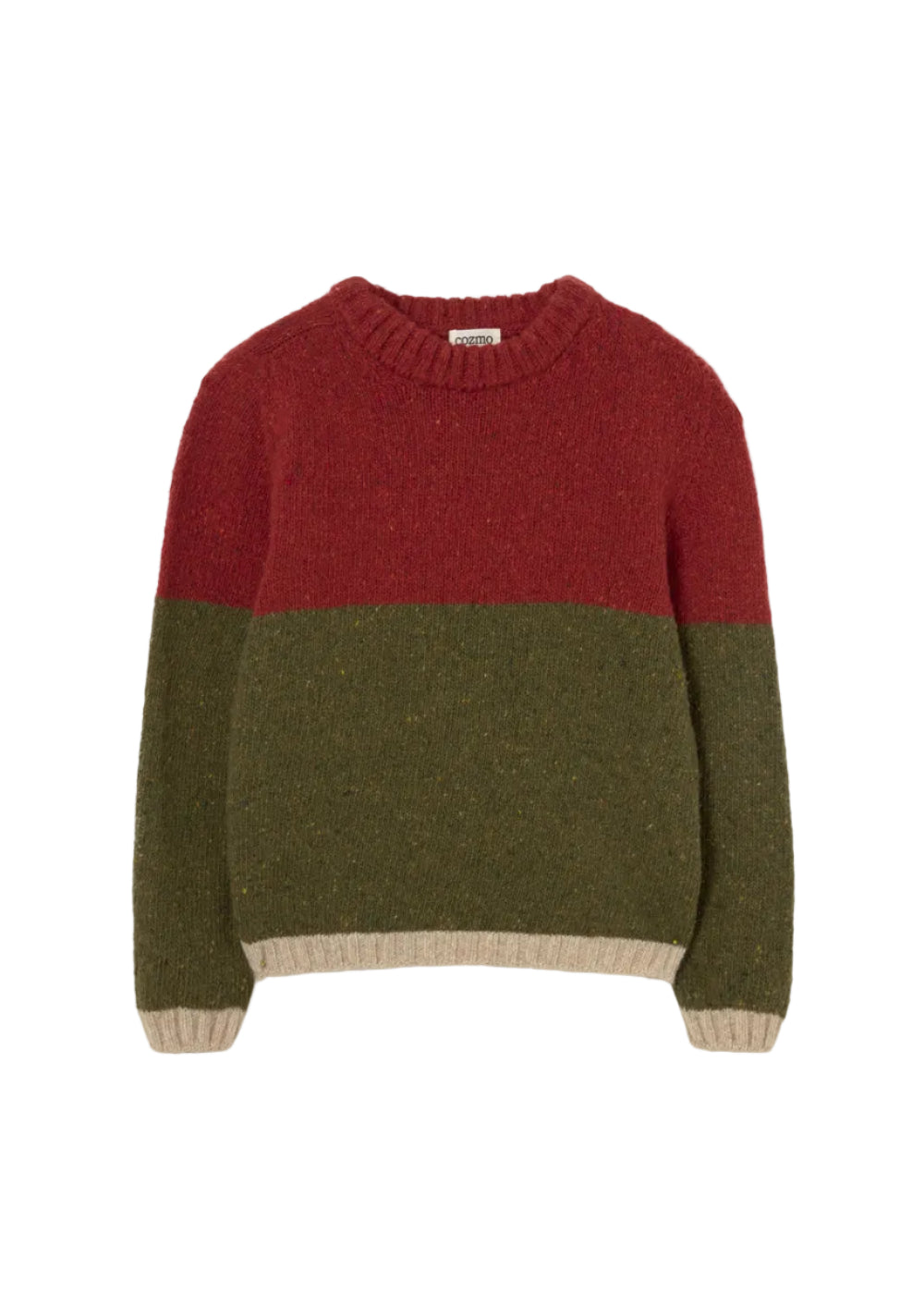 Two-tone red and green sweater on a white background