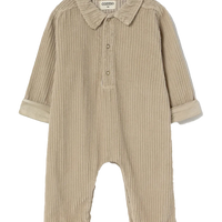 Beige striped baby romper with a collar on a white background