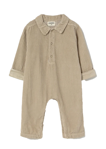 Beige striped baby romper with a collar on a white background