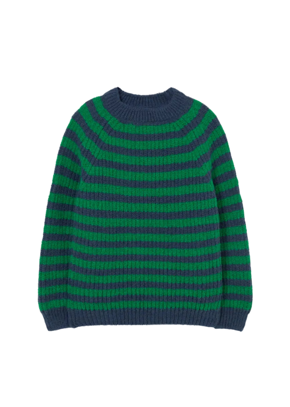 Green and navy striped sweater on a light gray background