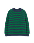 Green and navy striped sweater on a light gray background