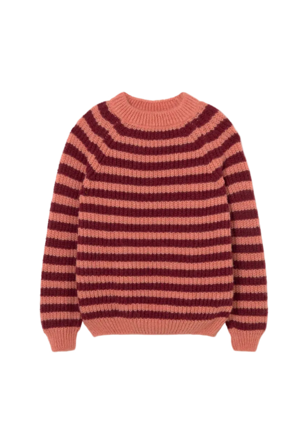 Striped sweater with pink and purple horizontal stripes on a light gray background