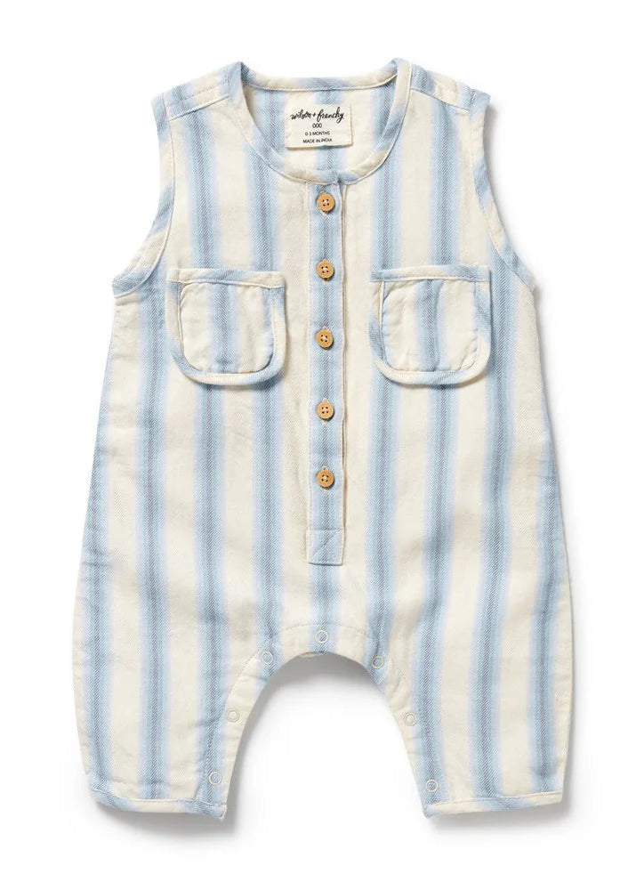Striped baby romper with button details on a white background