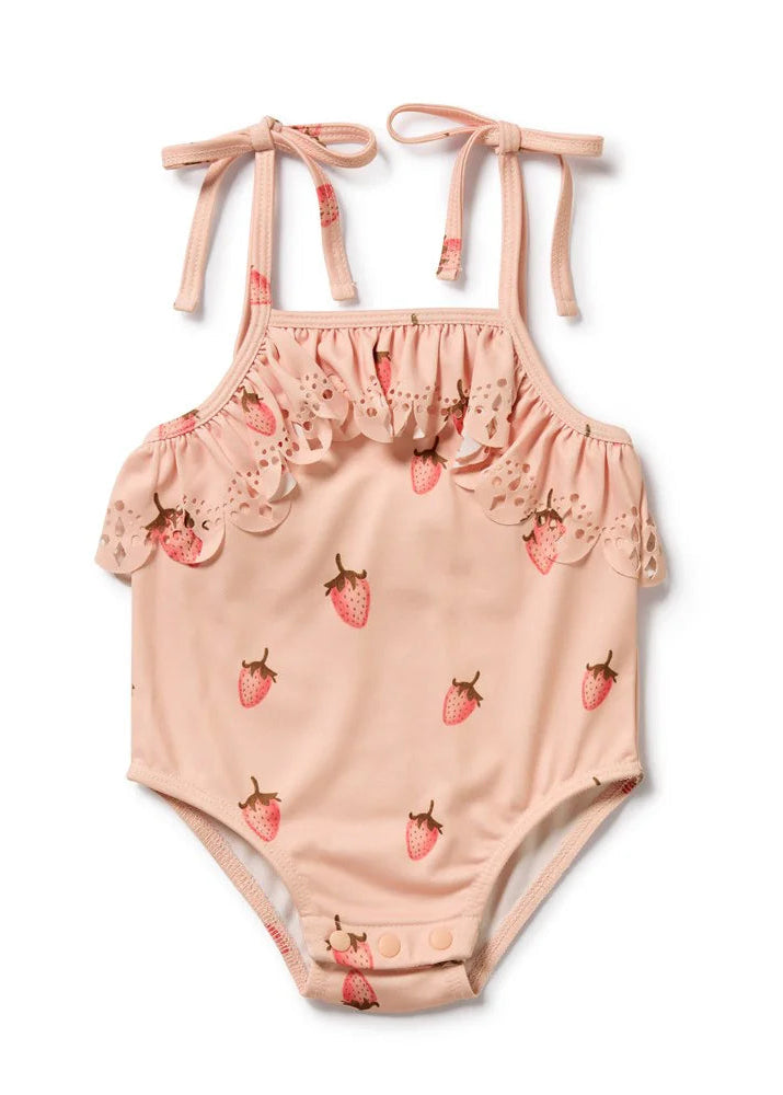 Pink strawberry-patterned swimsuit on a white background