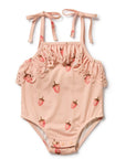 Pink strawberry-patterned swimsuit on a white background
