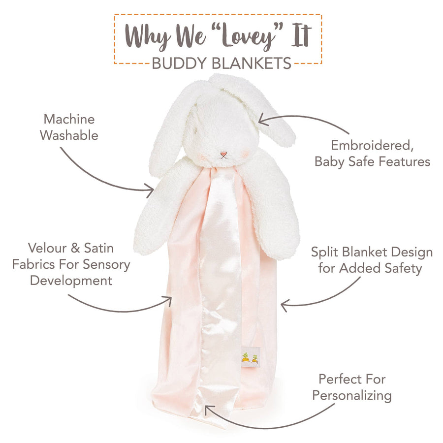 Bunny-shaped blanket with text highlighting features on a white background