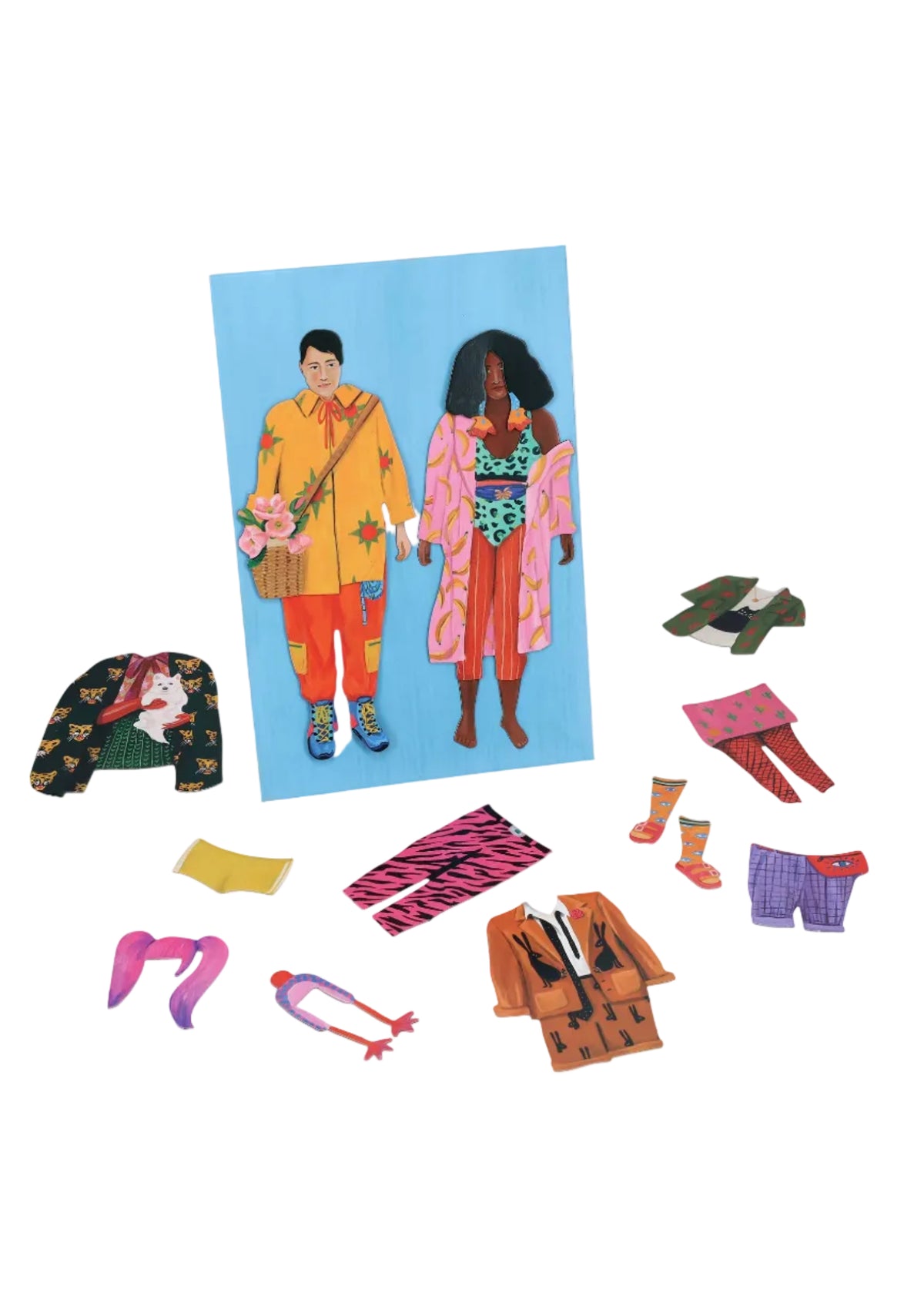 Colorful paper dolls with accessories on a white background