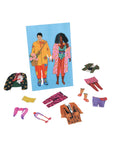 Colorful paper dolls with accessories on a white background