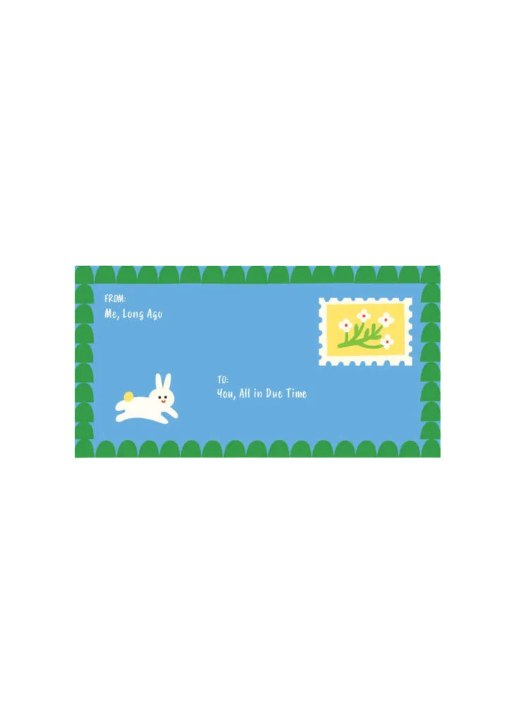Cartoon rabbit on a blue background with a postage stamp and text