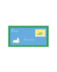 Cartoon rabbit on a blue background with a postage stamp and text
