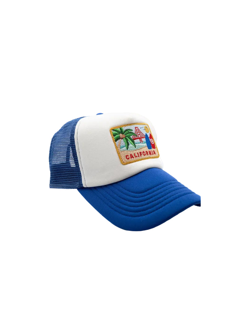 Blue and white trucker cap with a 'California' patch on a white background