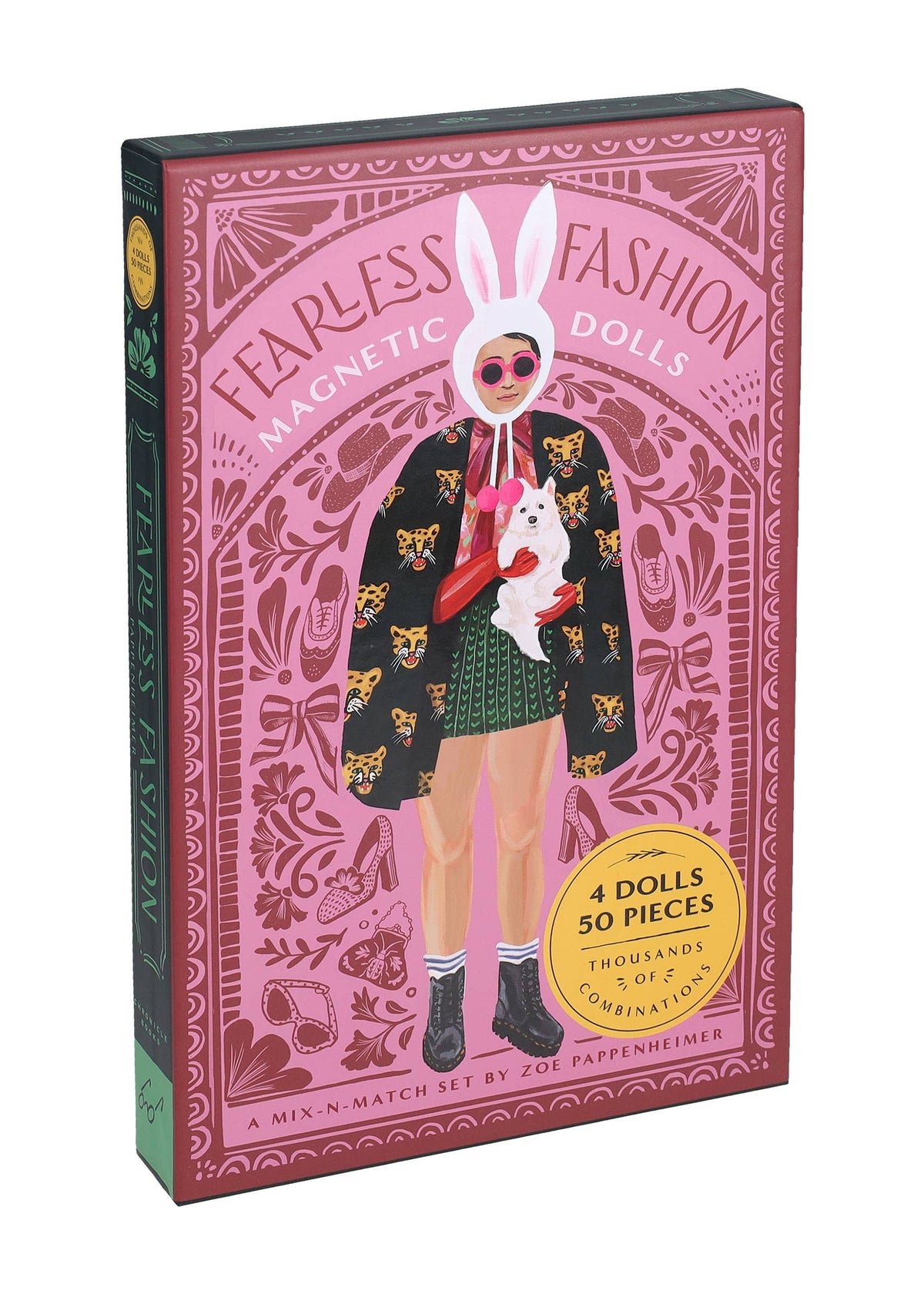 Box of Fearless Fashion dolls with a person wearing a bunny head and holding a dog.