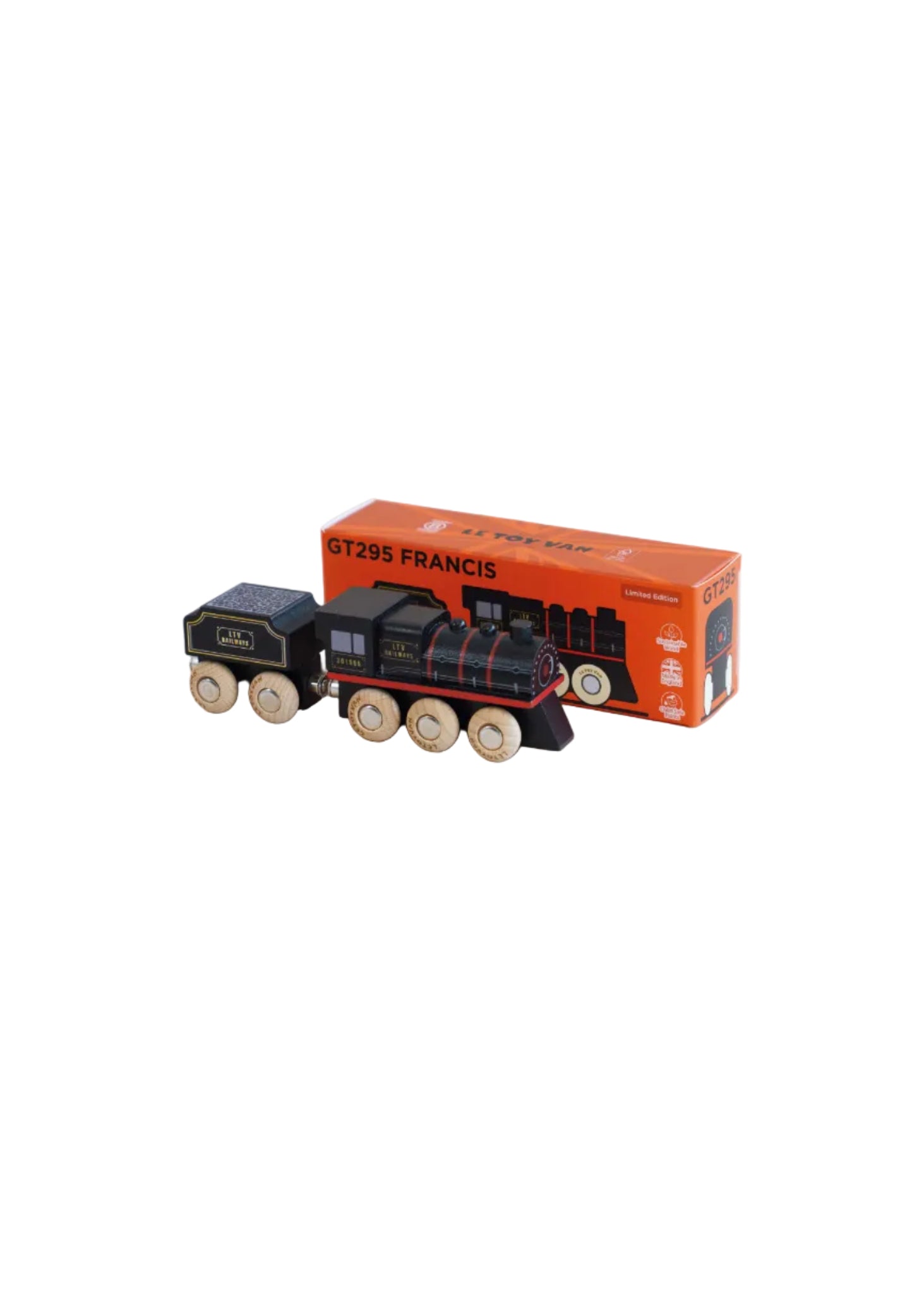 Wooden toy train with 'GT295 Francis' branding next to its packaging on a light background