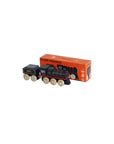 Wooden toy train with 'GT295 Francis' branding next to its packaging on a light background