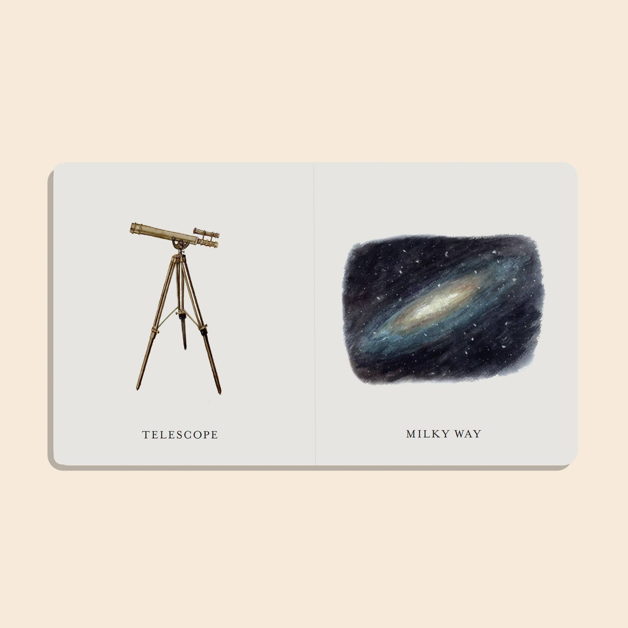 Card with a telescope and illustration of the Milky Way on a beige background