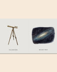Card with a telescope and illustration of the Milky Way on a beige background