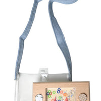 Wooden toy with colorful beads inside, attached to a strap on a white background