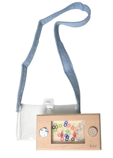 Wooden toy with colorful beads inside, attached to a strap on a white background