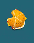 Illustration of a fish-shaped pizza on a blue background