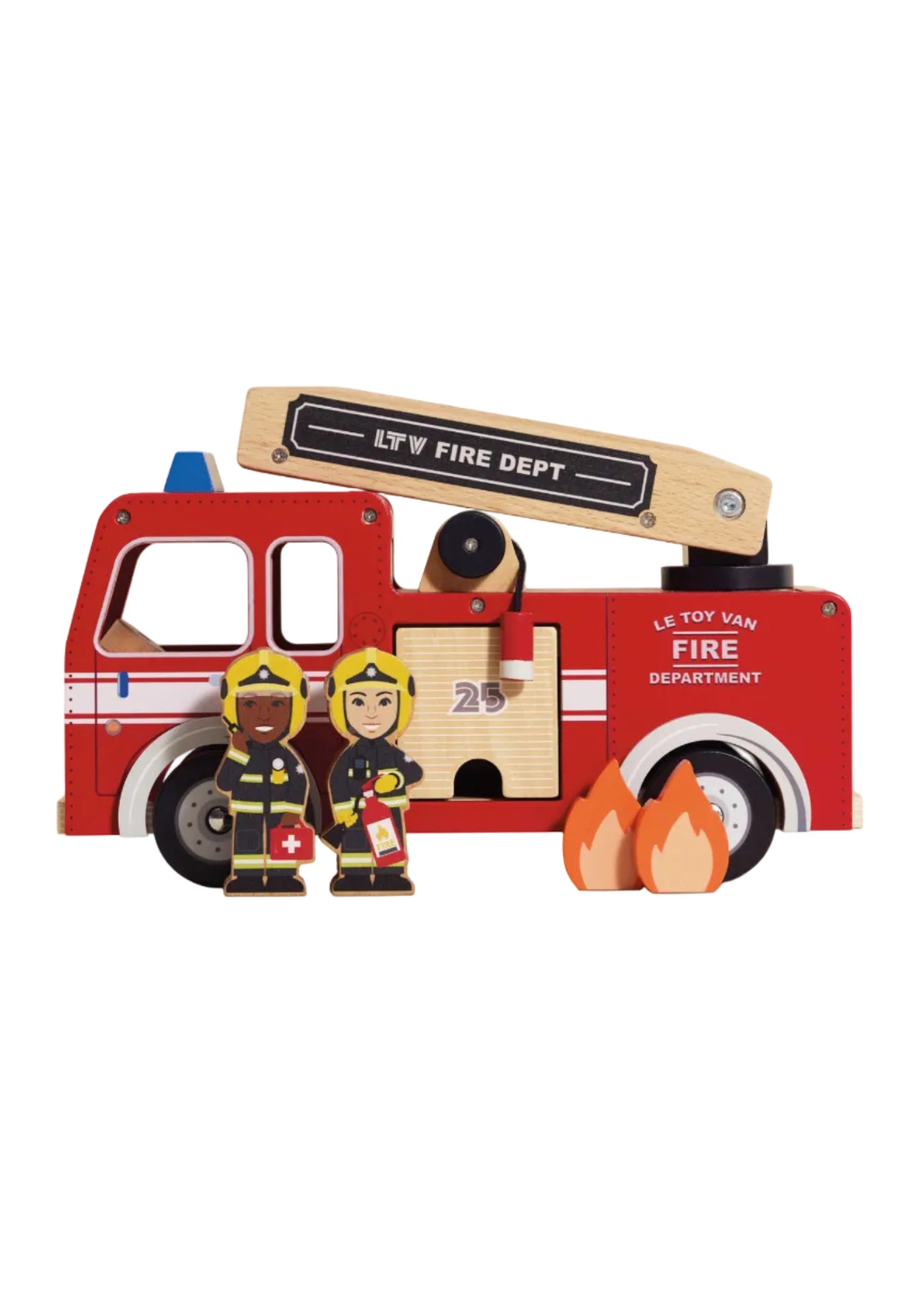 Wooden toy fire truck with firefighters and flames on a white background