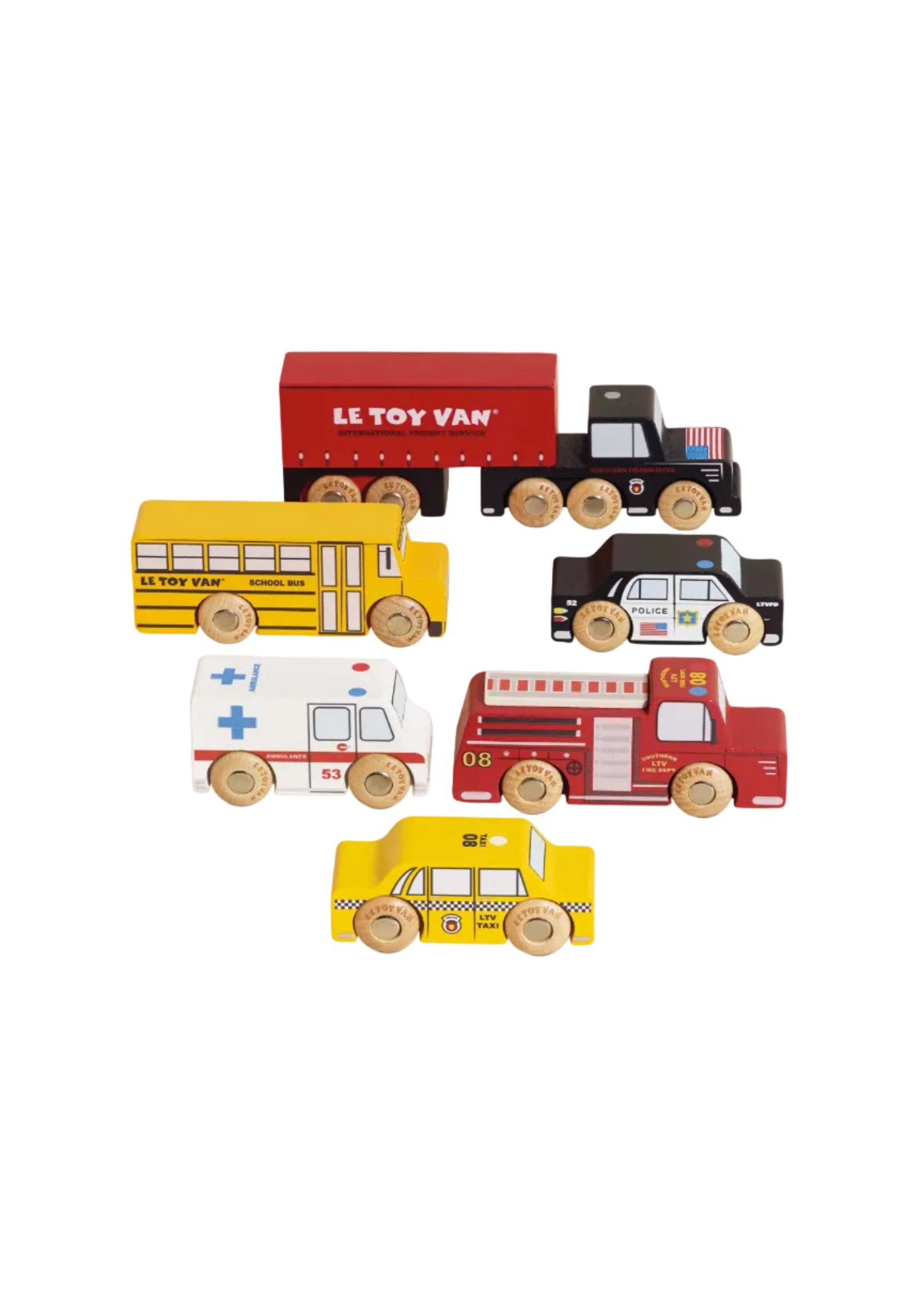 Set of wooden toy vehicles including a school bus, truck, ambulance, fire engine, and taxi from Le Toy Van on a white background.