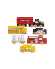 Set of wooden toy vehicles including a school bus, truck, ambulance, fire engine, and taxi from Le Toy Van on a white background.