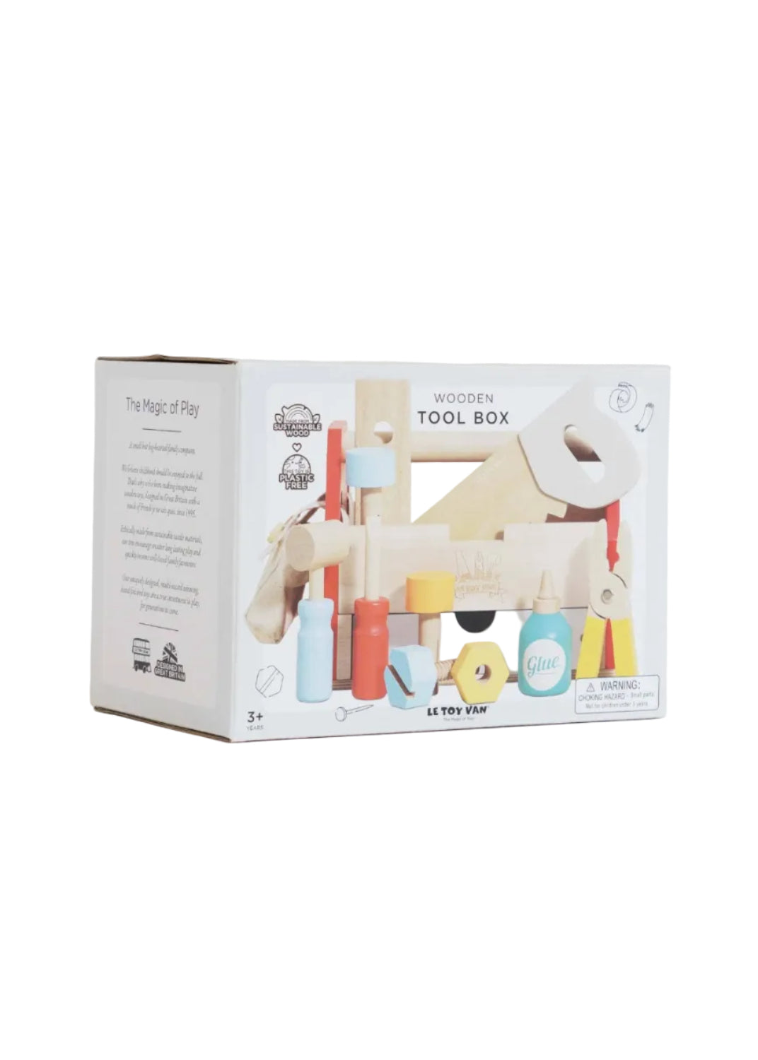 Wooden toy box packaging with toy illustrations on a light pink background
