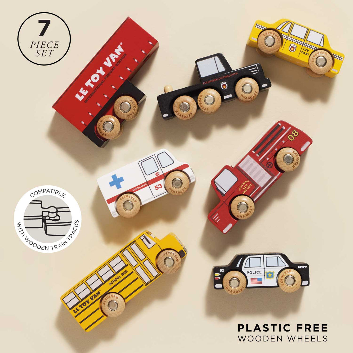 Set of toy vehicles including a van, taxi, fire truck, ambulance, school bus, and police car on a beige background.