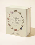Book titled 'Our Little Library' with illustrations on a beige background