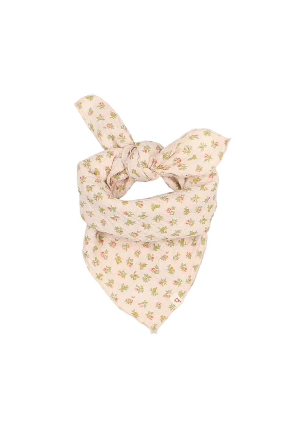 A light beige bandana or scarf tied in a knot, featuring a delicate all-over floral pattern in muted green and pink, set against a plain light gray background.