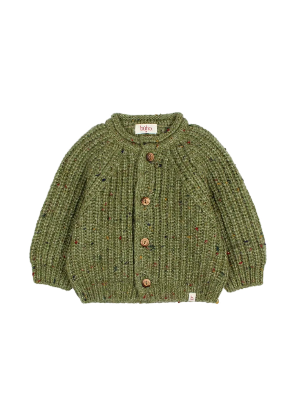 An olive green chunky knit cardigan sweater with brown buttons, laid flat on a light gray background.