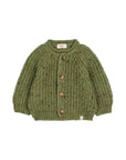 An olive green chunky knit cardigan sweater with brown buttons, laid flat on a light gray background.