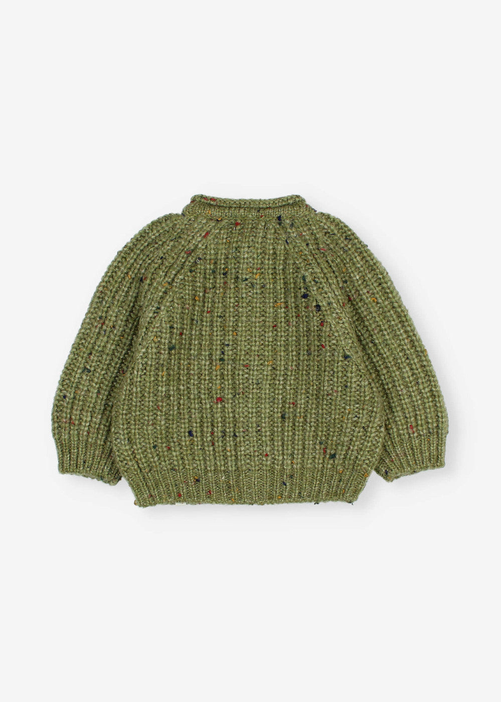 An olive green ribbed knit sweater with subtle multicolor flecks, shown from the back on a light gray background.