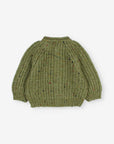 An olive green ribbed knit sweater with subtle multicolor flecks, shown from the back on a light gray background.