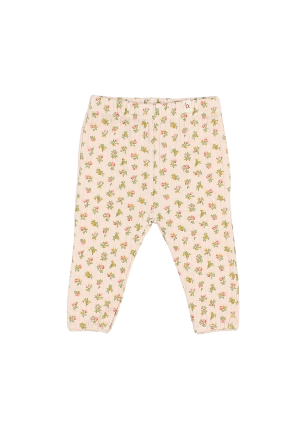 A pair of baby leggings with an all-over small floral print on a pale pink background, laid flat against a light gray studio background.