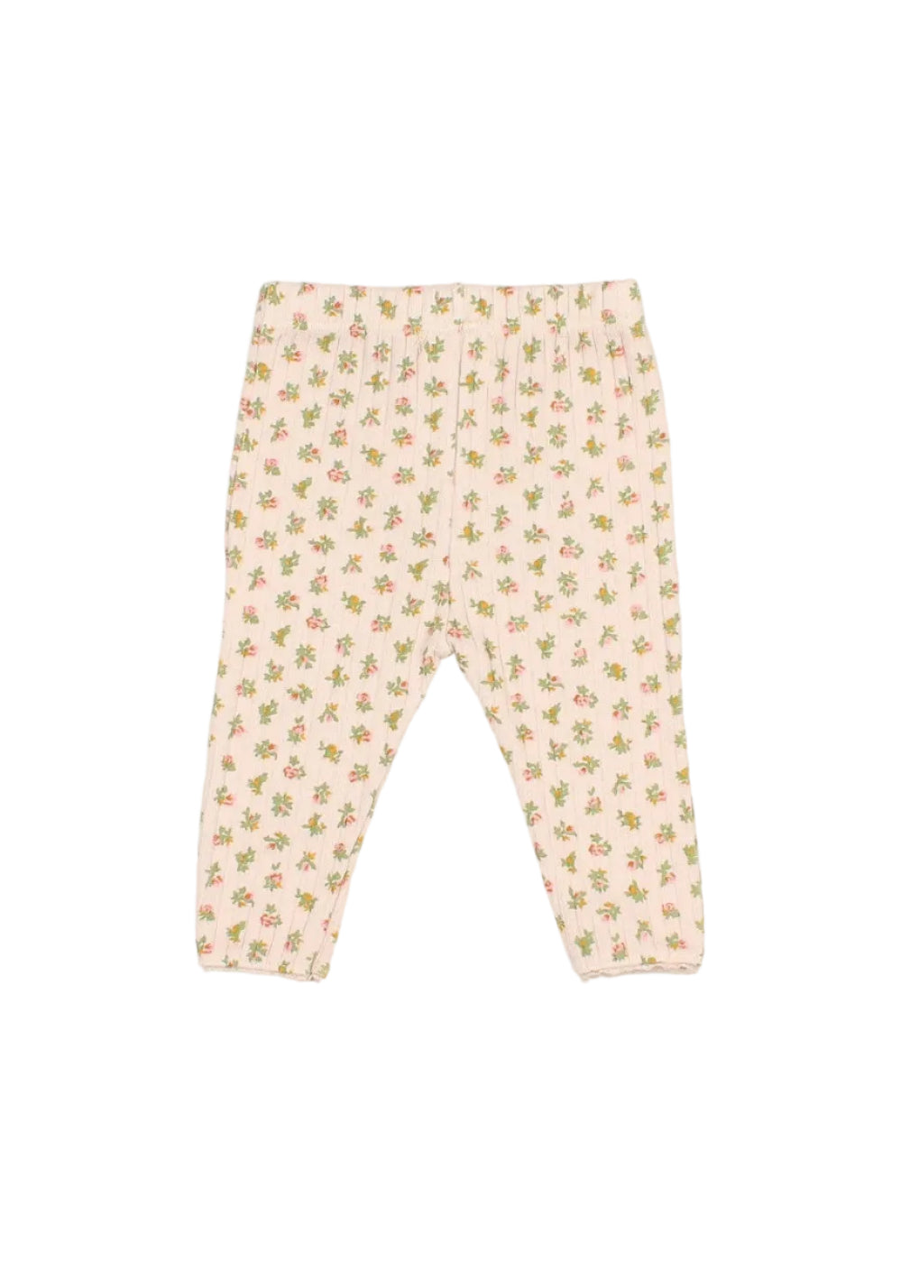 A pair of infant leggings with an all-over small floral print on a pale pink background, displayed flat against a light gray studio background.