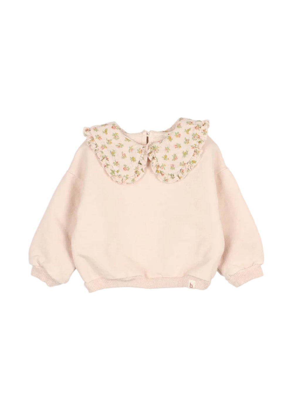 A pale pink long-sleeve sweatshirt for a toddler, featuring a large, wide scalloped Peter Pan collar decorated with a small floral pattern.
