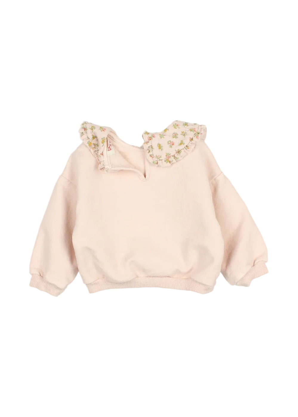 A light pink children's sweatshirt with a large floral-patterned collar, displayed flat against a light gray background.
