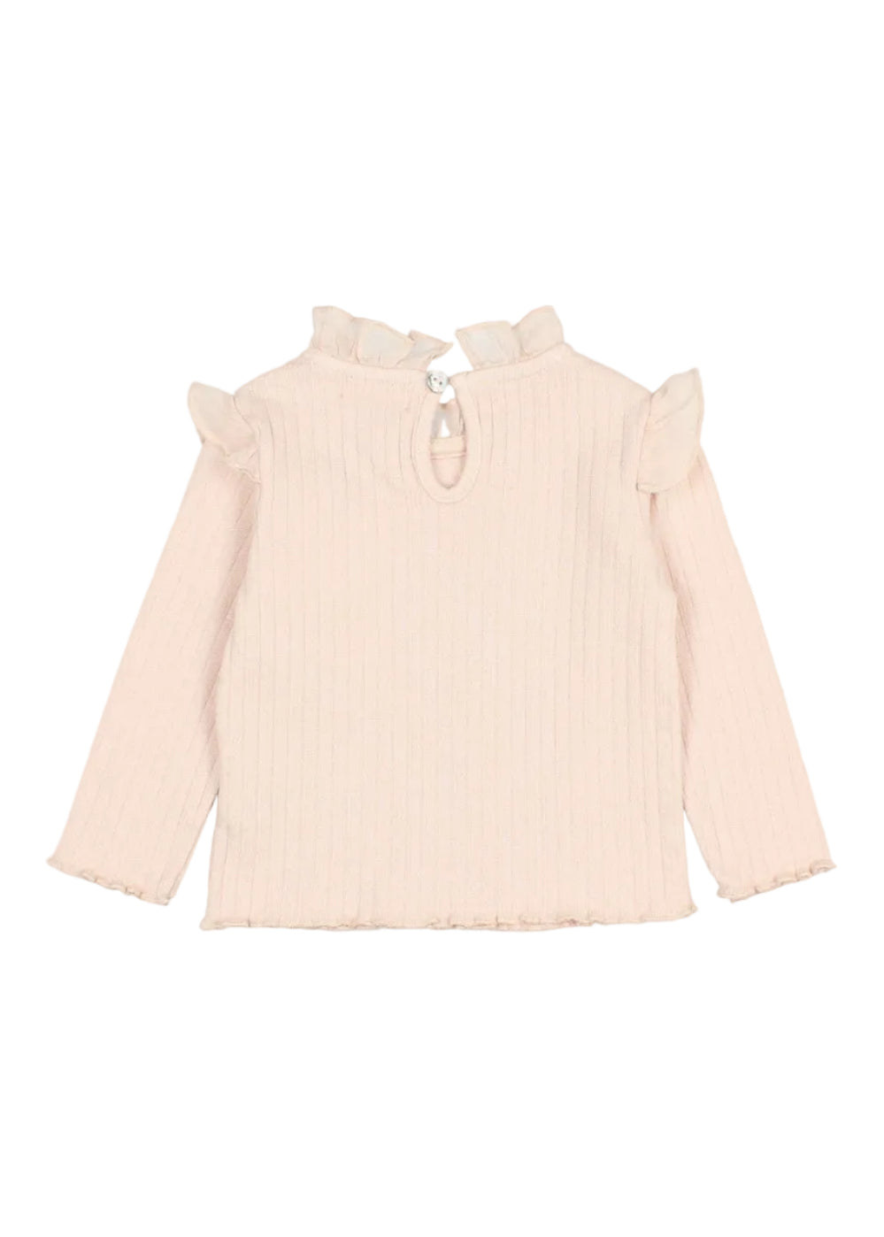A pale pink ribbed knit long-sleeve top for toddlers, featuring ruffled shoulder details, a ruffled mock neck, and a small decorative button at the back neckline.
