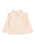A pale pink ribbed knit long-sleeve top for toddlers, featuring ruffled shoulder details, a ruffled mock neck, and a small decorative button at the back neckline.