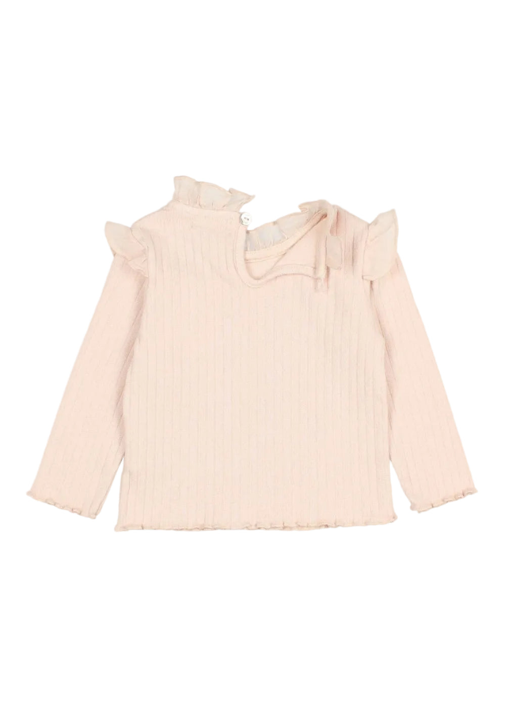 A light pink ribbed knit long-sleeve top for toddlers, featuring ruffled shoulder details, a high mock neck with lace trim, and a small decorative button.