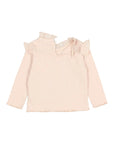 A light pink ribbed knit long-sleeve top for toddlers, featuring ruffled shoulder details, a high mock neck with lace trim, and a small decorative button.