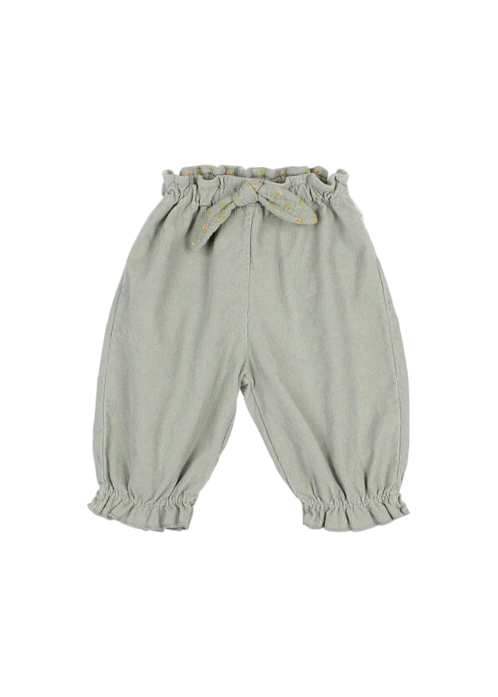 A pair of baby bloomers in a muted sage green fabric, featuring an elastic waistband with a matching fabric bow, elasticized leg cuffs, and a side zipper, shown against a plain light gray background.
