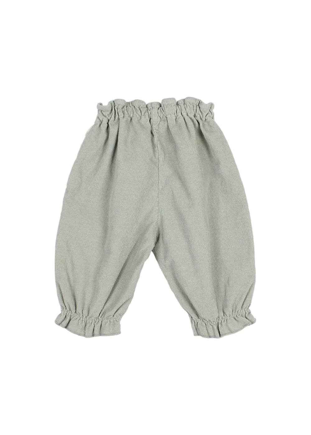A pair of light sage green baby bloomers with gathered elastic waistband and leg cuffs, shown flat on a light gray background.